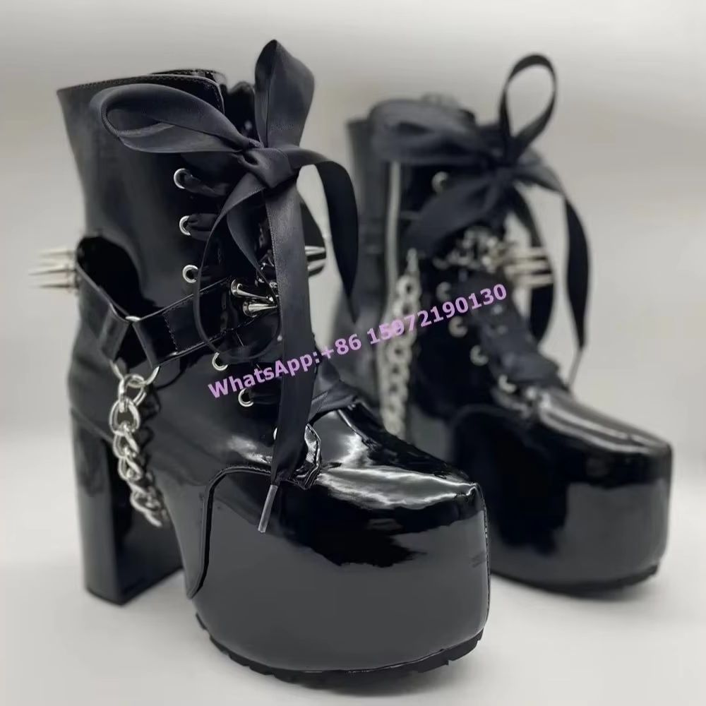 Ribbon Tied Rivet Black Boots  - Ribbon Tie Heel ulasan dan harga