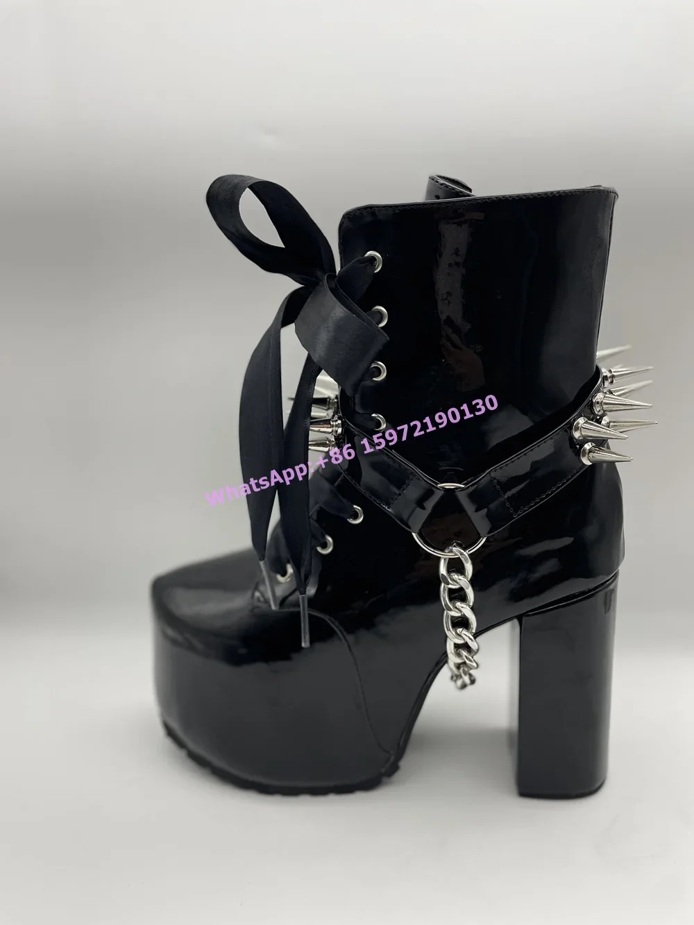 Ribbon Tied Rivet Black Boots  - Ribbon Tie Heel ulasan dan harga
