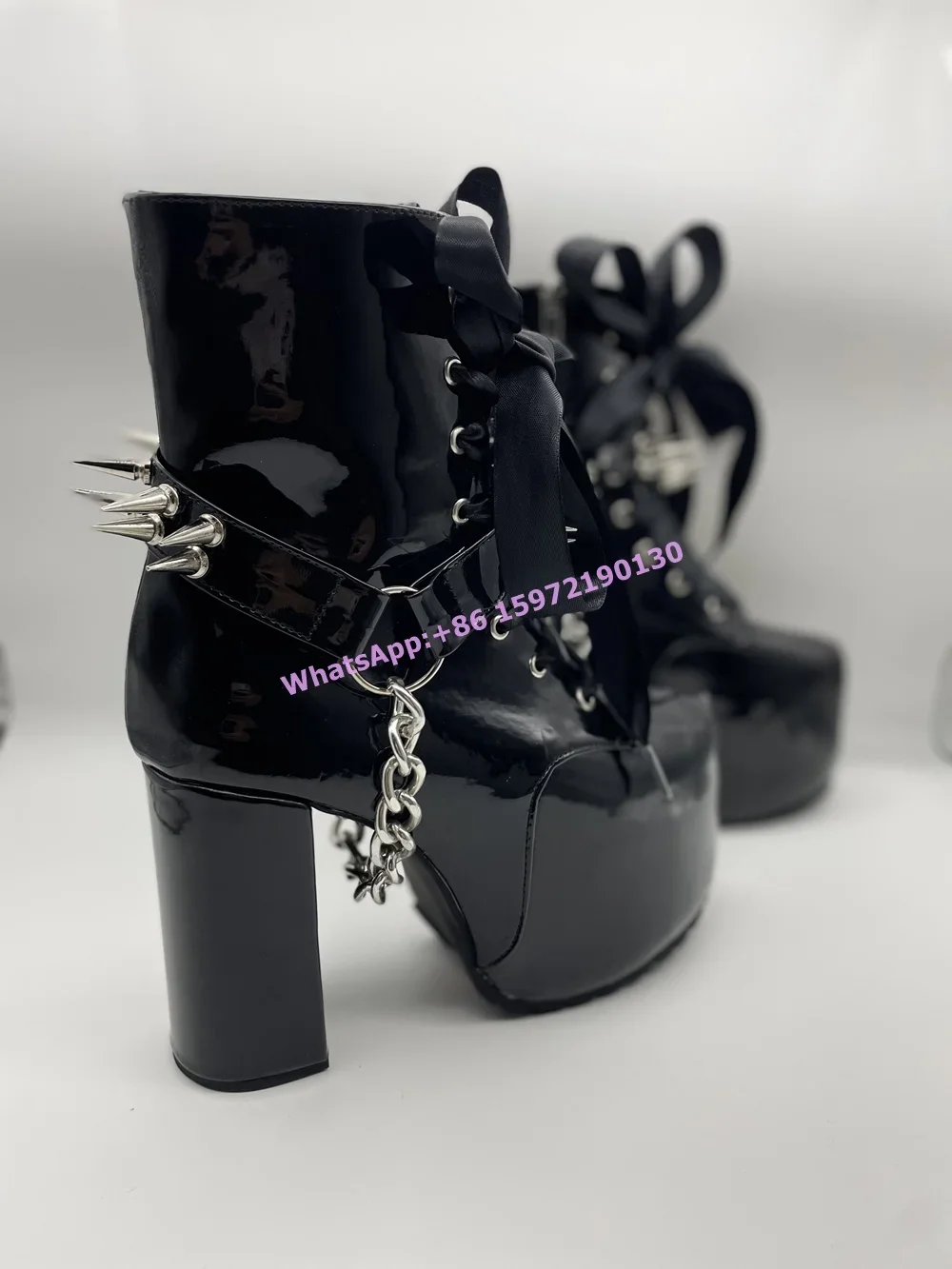 Ribbon Tied Rivet Black Boots  - Ribbon Tie Heel ulasan dan harga