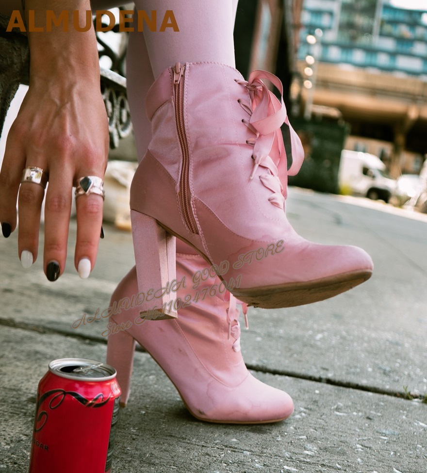 ALMUDENA Pink Satin Chunky Hee - Ribbon Tie Heel ulasan dan harga