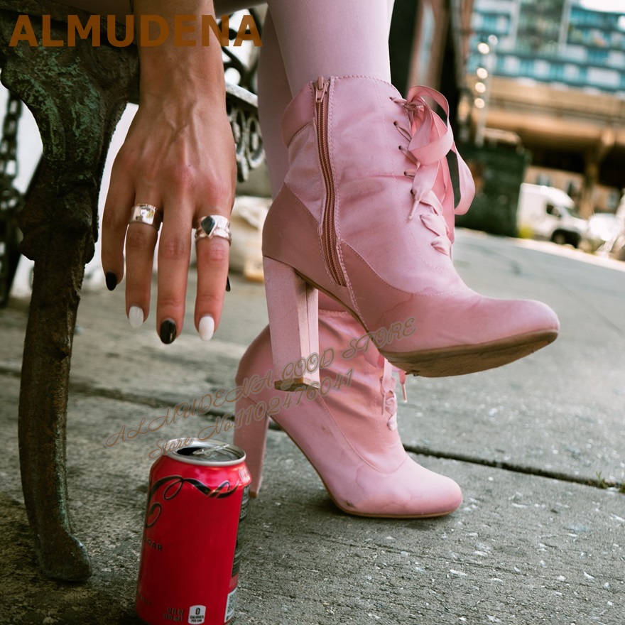 ALMUDENA Pink Satin Chunky Hee - Ribbon Tie Heel ulasan dan harga