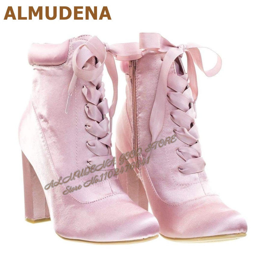 ALMUDENA Pink Satin Chunky Hee - Ribbon Tie Heel ulasan dan harga