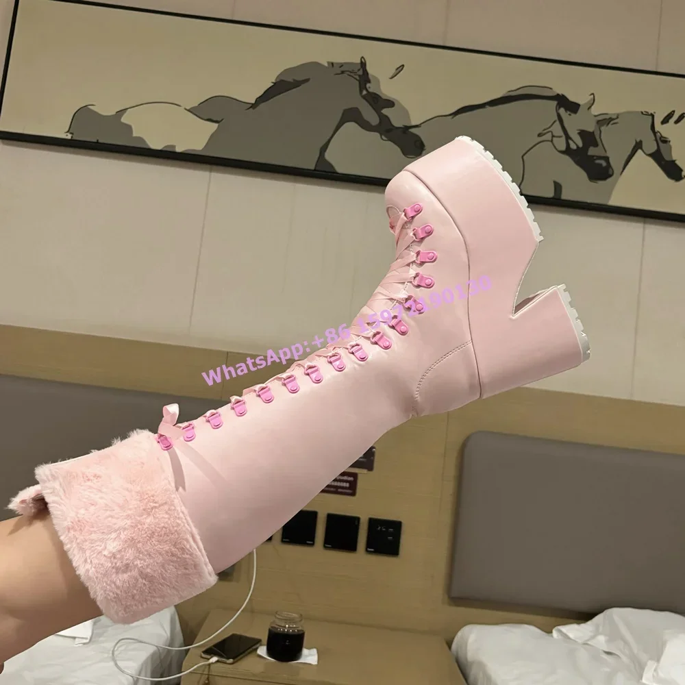 Pink Furry Boots Thick Soled L - Ribbon Tie Heel ulasan dan harga