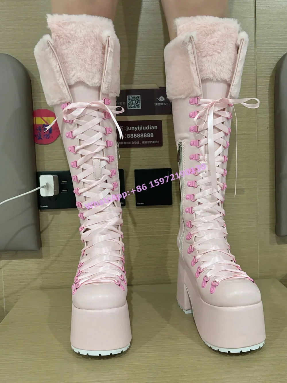 Pink Furry Boots Thick Soled L - Ribbon Tie Heel ulasan dan harga