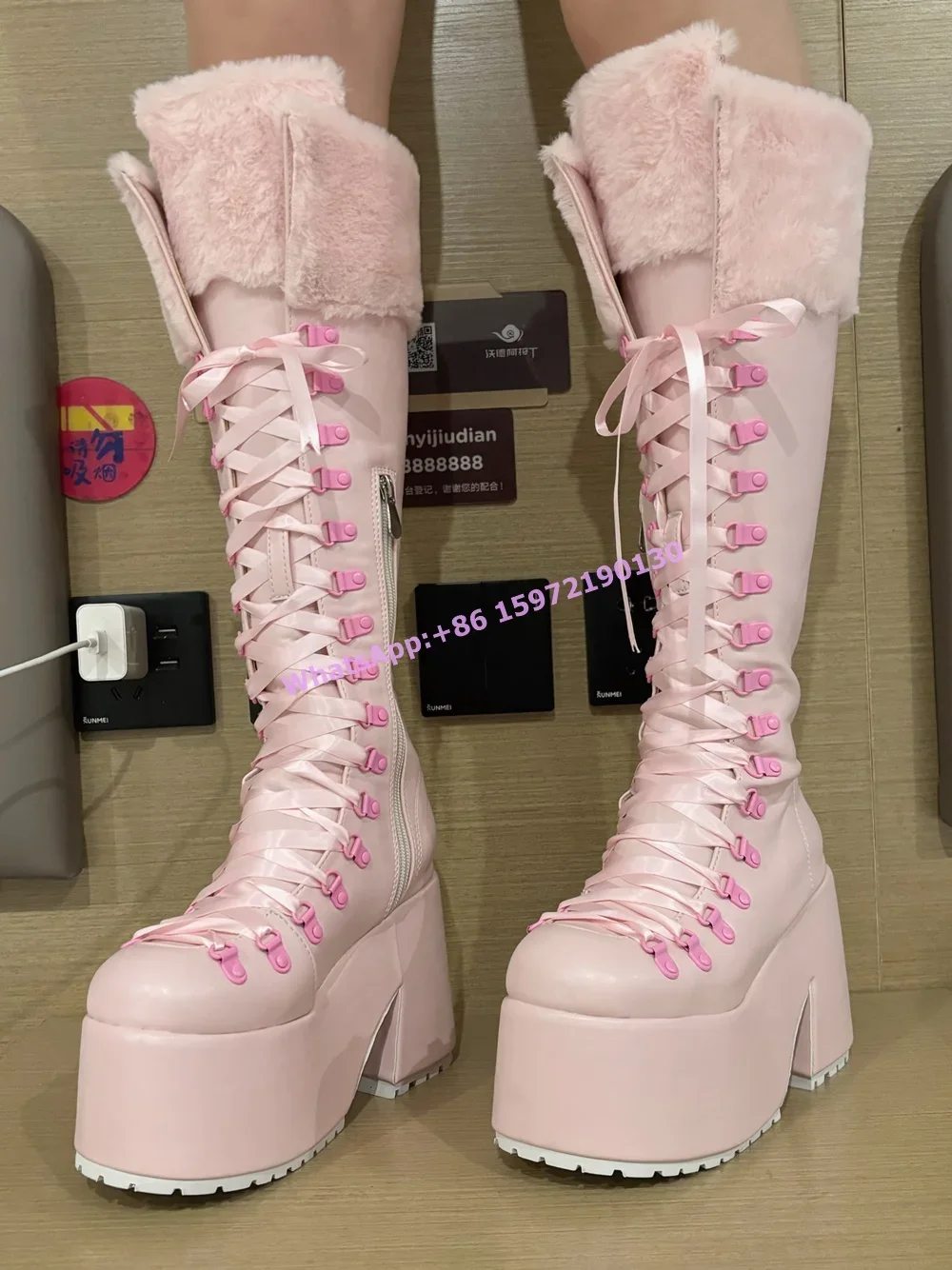 Pink Furry Boots Thick Soled L - Ribbon Tie Heel ulasan dan harga