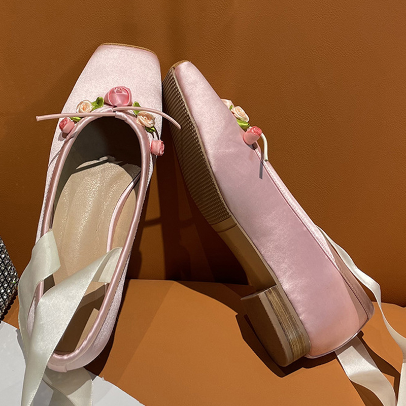Women Pink Satin Square Toe Lo - Ribbon Tie Heel ulasan dan harga